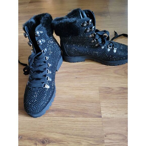 NWT Express Black Sequin Combat Boot - Picture 2 of 7